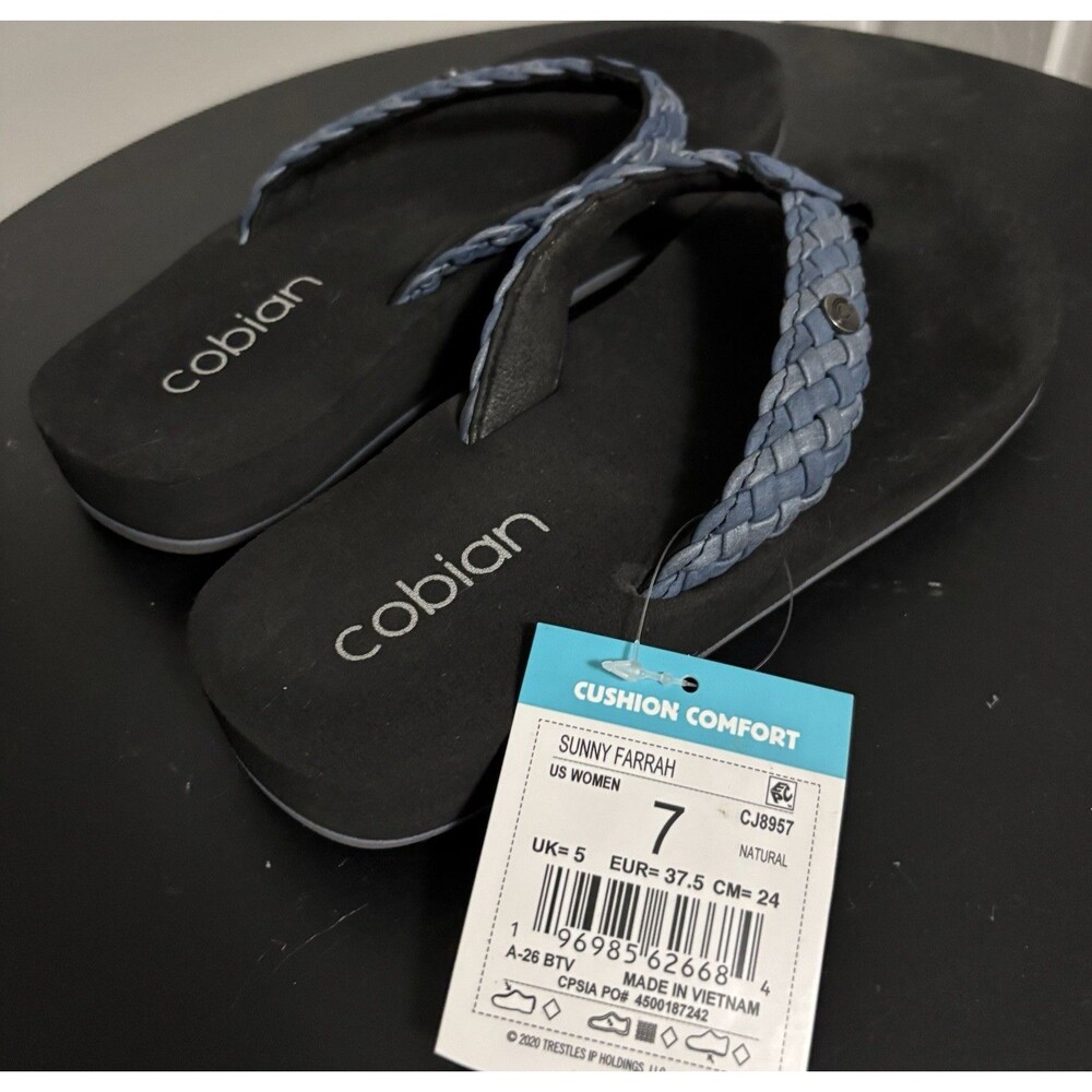 NWT~ Cobian Size 7 Womens NAVY Braided Bounce Flip Flop Sandals Comfort Support